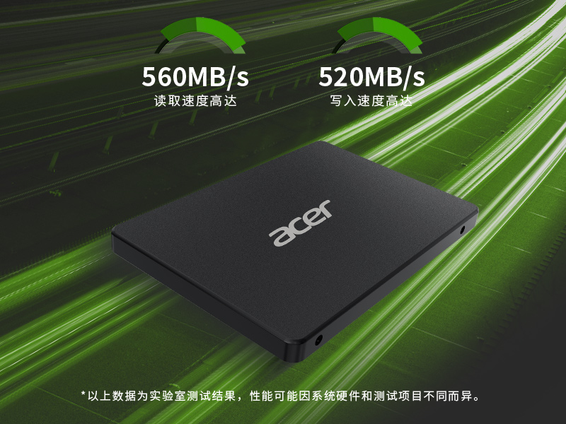 宏碁RE100 2.5 SSD具备超高读写速度，可充分释放电脑潜能，游戏娱乐体验显著改善、办公学习效率大大提高。